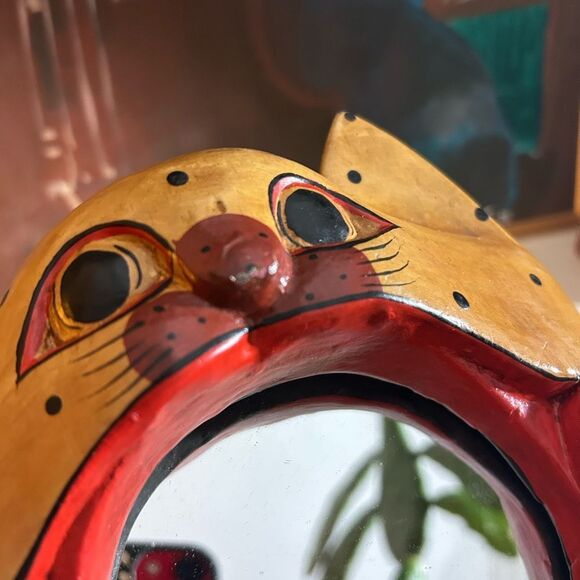 Vintage 90s Handcrafted Wooden Whismsygoth Cat Face Mirror Rare - Picture 13 of 14